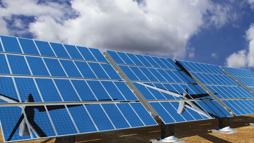 Solar Panels and Wind Turbines Clouds Timelapse Realistic 3D render composited with real clouds timelapse