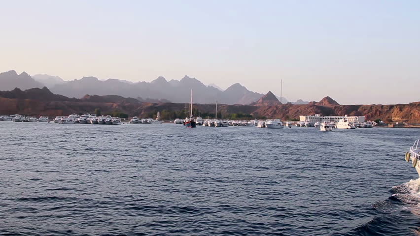 Motor boat in the red sea  is moving in the port.