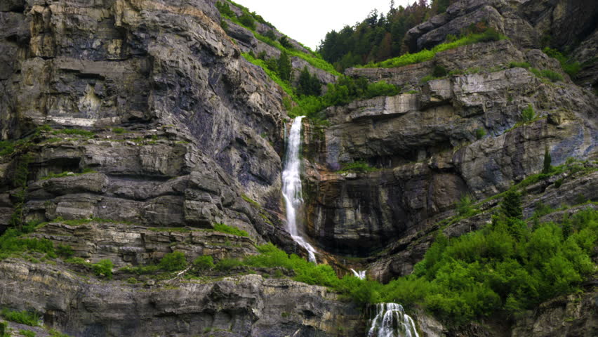 Tilt shot showing the full height of Bridal Veil Falls in Provo Canyon, Utah.