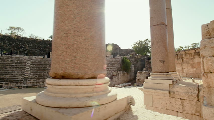  As the camera passes the column the ancient theater at Beit She'an, Israel, is revealed.