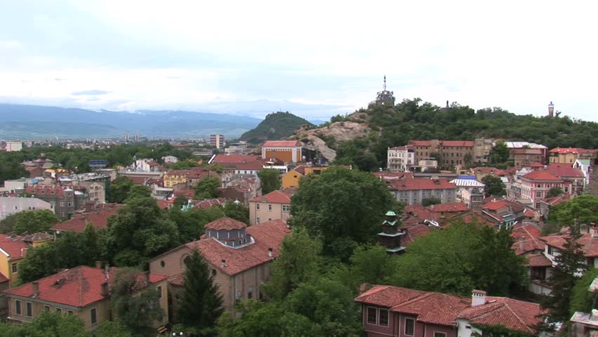 from city view a pan to Roman Theater Plovdiv, Bulgaria