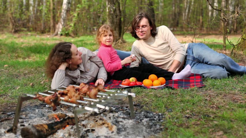 Mom, father and daughter lay on grass covered by plaid, plates with fruit are near them, kebab on bonfire at foreground, summer sunny day at grove