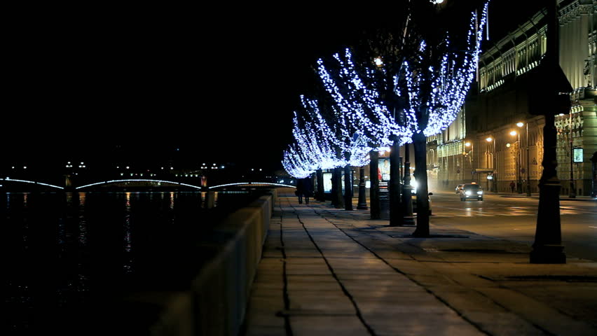 Palace Embankment and the Trinity Bridge in St Petersburg winter night