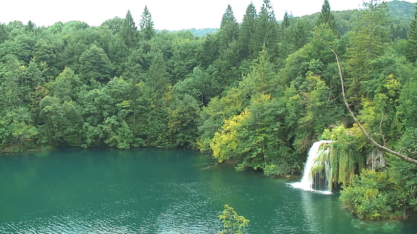 Pan of Waterfall and Blue Lake, Croatia