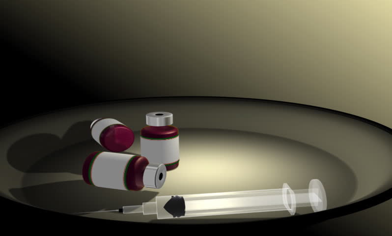 . Footage of a  syringe taking medicine from a medicine bottle