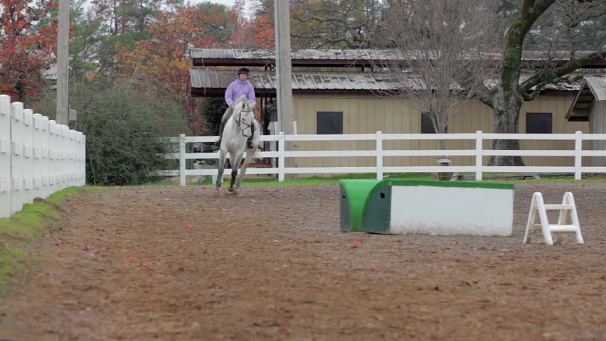Young woman canters a white horse in a circle during a lesson outdoors