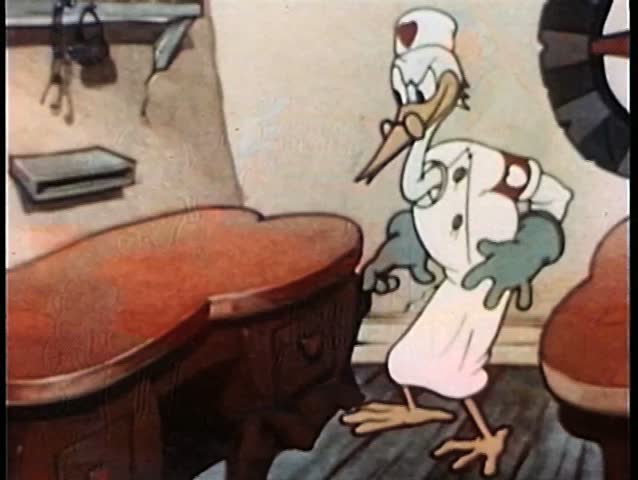Cartoon of stork spinning wheel of fortune and landing on ''boy'
