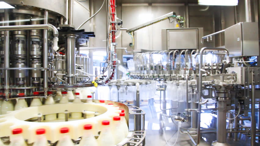 lots of empty plastic bottles washed and left appear already filled milk at huge factory, wide view