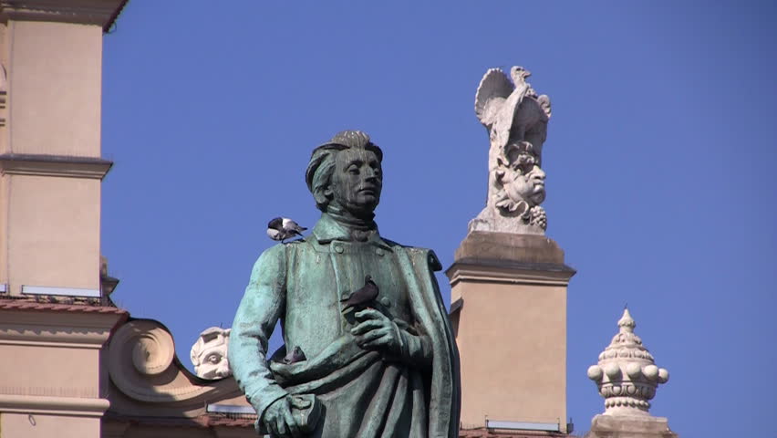Monument of Great Polish Poet Adam Mickiewicz and Cloth Market, Krakow, Poland