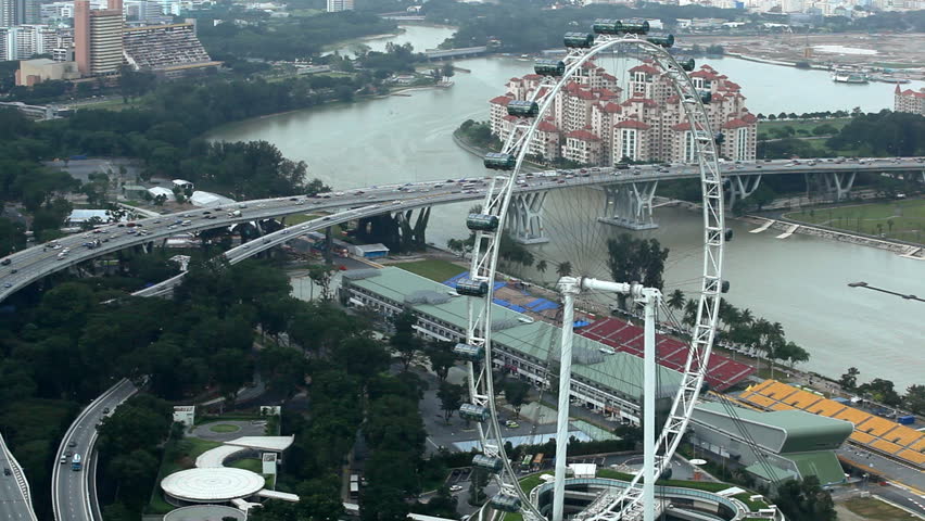 Aerial View of East Coast PKWY Highway big traffic "Rush Hour" near Formula 1 Circuit and Singapore Flyer