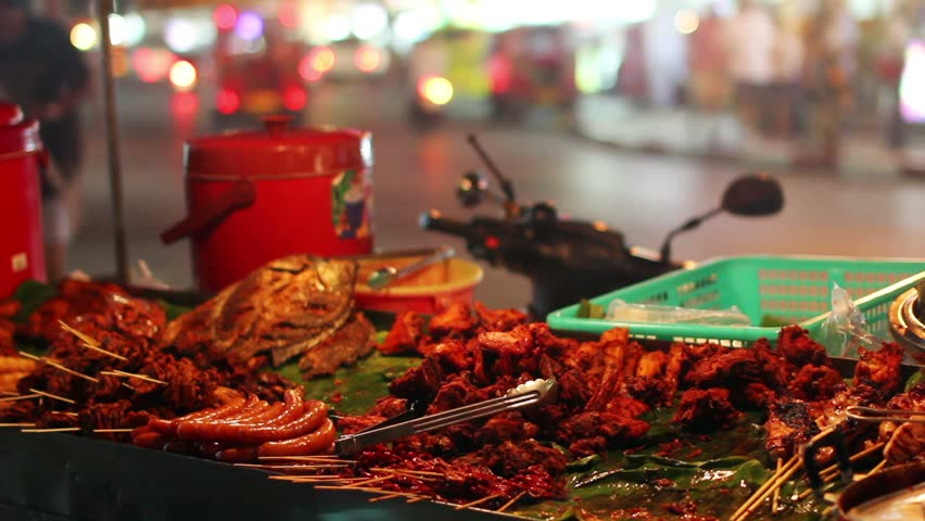 Spicy Thai foods on street at night