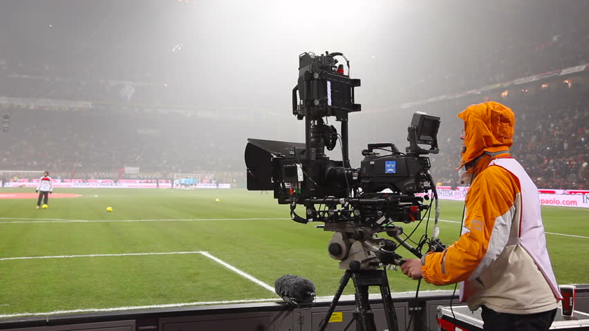 MILAN - JANUARY 15: Video camera for 3D sports and news broadcasting, Italian Series A league football match AC Milan vs FC Internazionale at the San Siro Stadium in Milan on January 15, 2012. Sequence.