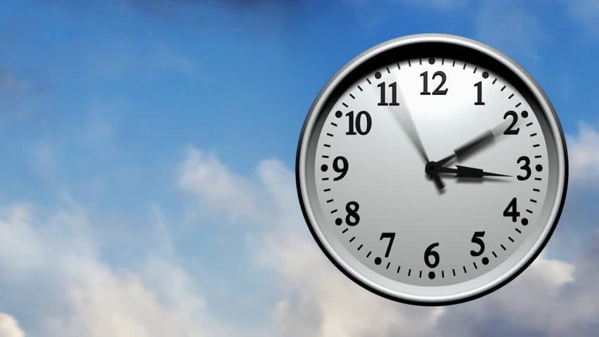 3D animation of a wall clock running very fast through 24 hours. Clouds fly past in the background. Seamless looping video animation.-