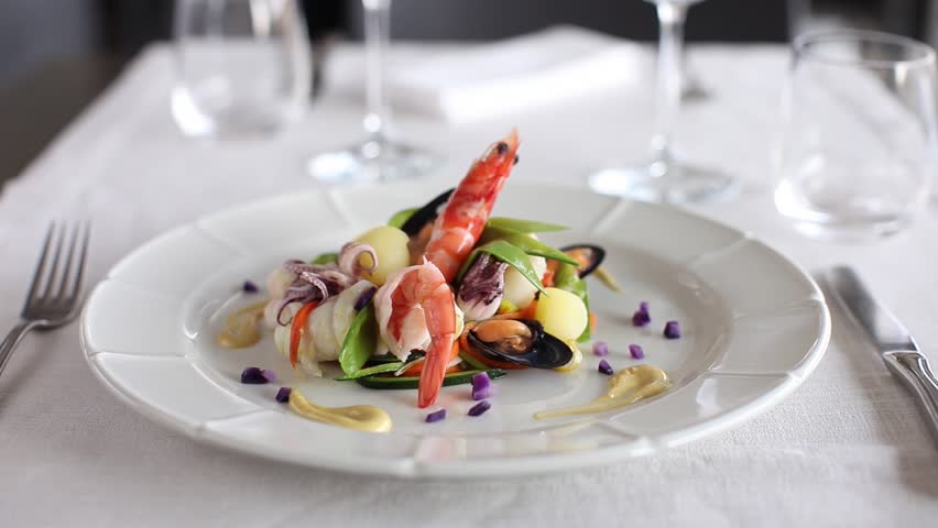 Prawn with octopus, vegetables and mussels. 360 rotation food