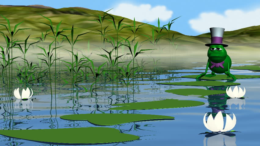 Frog jumping on waterlilies in a pond 3d animation