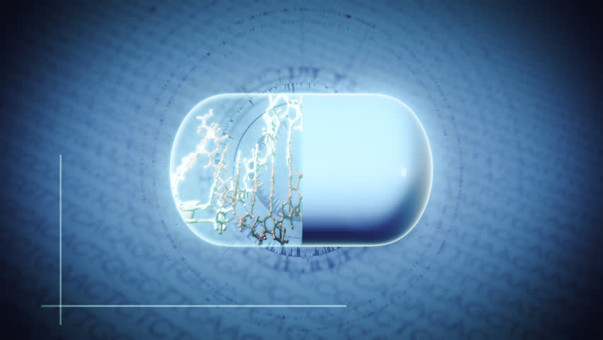 DNA structure in a pill 3D rendering. Exact representation of DNA  from protein data bank. Composited with exact representation (circular and linear) of DNA. Seamless looping video.