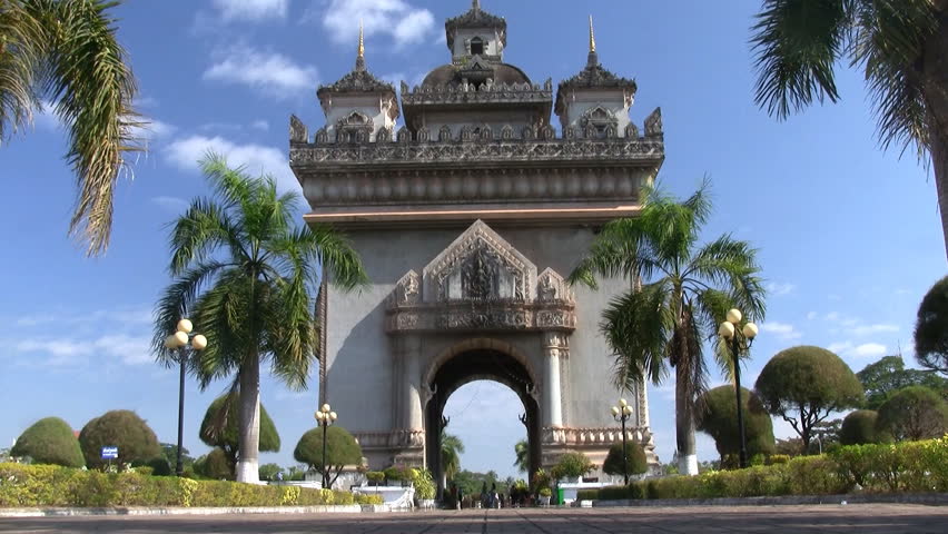 Zoom in on Patuxai arch in Vientiane Laos 