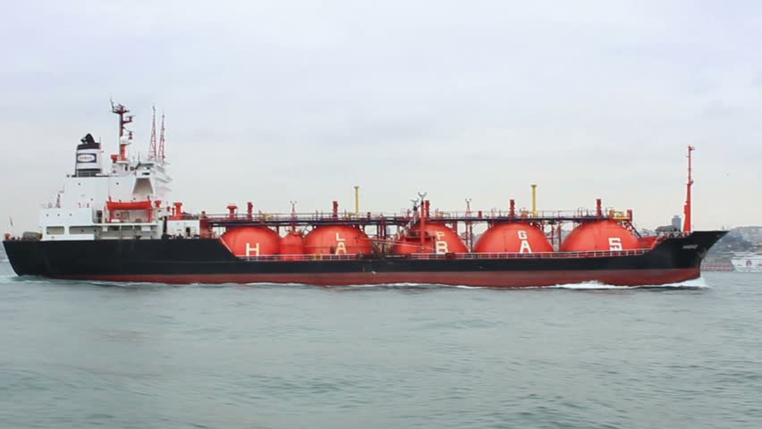 ISTANBUL - OCTOBER 31: HABASs LPG tanker ship sails in Bosporus waters on October 31, 2011 in Istanbul. 50,000 ships pass through the Turkish Straits every year. 