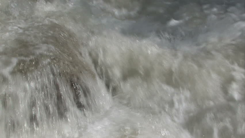 Turbulent flood water in mountain river in Utah. Rapid boiling water from spring snow melt. Tilt up from stream to forest mountain peak. 