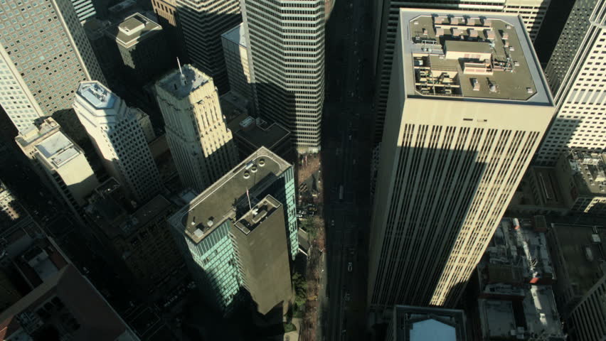 Aerial vertical view of skyscrapers in a busy commercially developing metropolis, North America