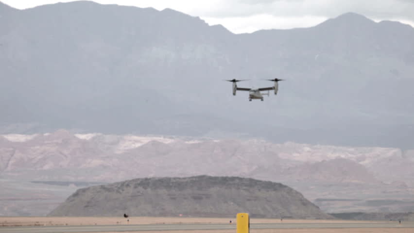 ST GEORGE, UTAH - MAR 17: Aircraft V-22 Osprey VTOL vertical takeoff and landing approach to land on March 17, 2012  in St George, Utah. USAF, Marines, Navy and NATO allies for troop movement in Iraq and Afghanistan.