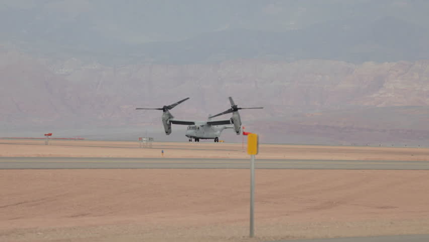 ST GEORGE, UTAH - MAR 17: Aircraft V-22 Osprey VTOL takeoff vertical takeoff and landing on March 17, 2012  in St George, Utah. USAF, Marines, Navy and NATO allies for troop movement in Iraq and Afghanistan.