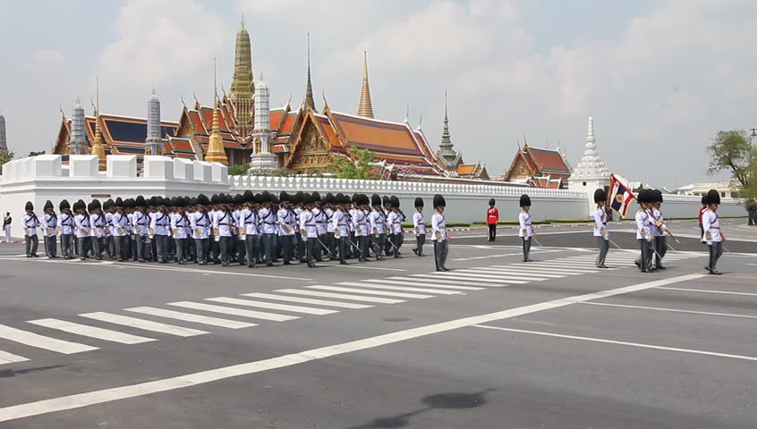 BANGKOK, THAILAND - APRIL 9: Soldiers Parade for the royal of cremation ceremony of royal funeral pyre of HRH Princess Petcharat Ratchasuda in Sanam Luang on April 9, 2012 in Bangkok, Thailand