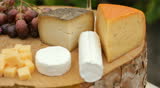 wine glass, blue cheese gouda bread grape food parmesan swiss dairy healthy france milk on table dolly shot outdoors in a vineyard 
