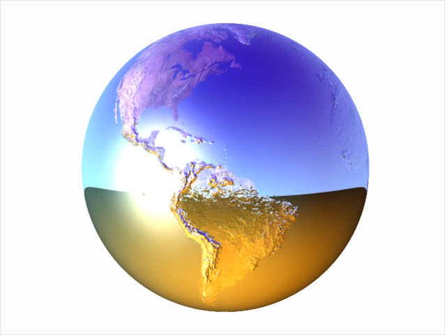 Computer-generated 3D animation loop depicting a chrome spinning Earth with alpha channel