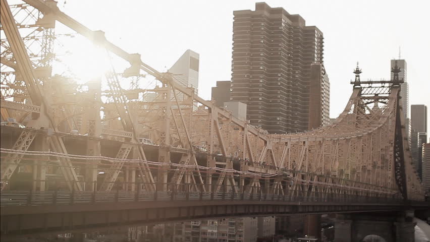 NYC New York City Roosevelt, Island Bridge at sunset