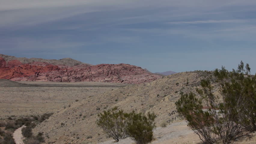 Desert scene scrub and shrub cactus against Calico Mountain in Red Rock Conservation area