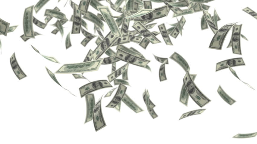 One hundred dollar bills falling through air.