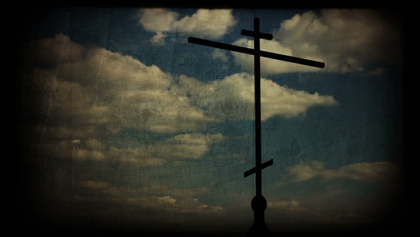 Orthodox Cross with Timelapse Heaven. Vintage imitation clip, HD.