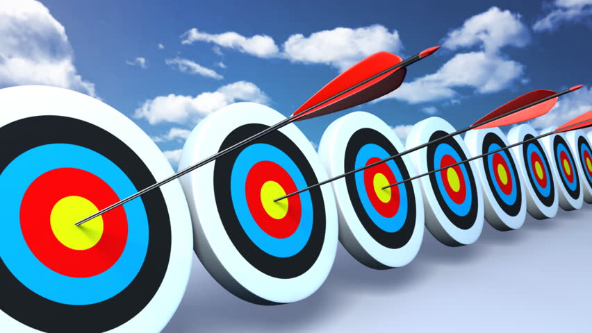 Many arrows hit the targets. Success concept.