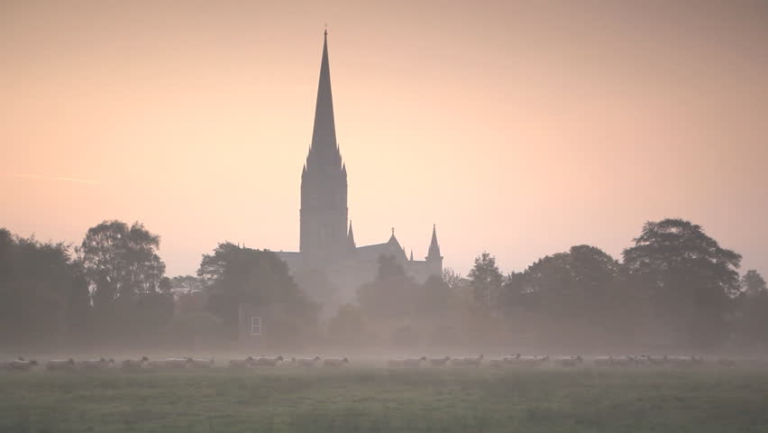 Salisbury cathedral at dawn looking across the water meadows.