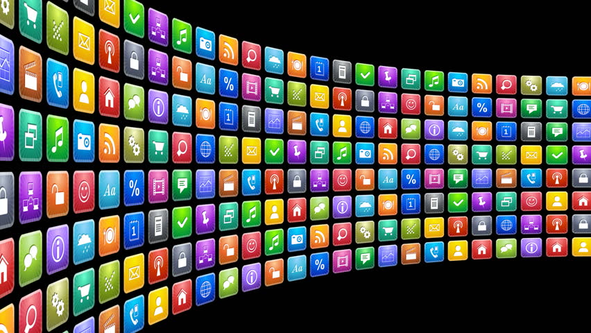 Mobile applications concept: endless moving row of colorful app icons on black background