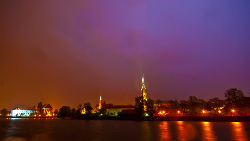 Thunderstorm with lightning over the Wroclaw old city in Poland - time lapse