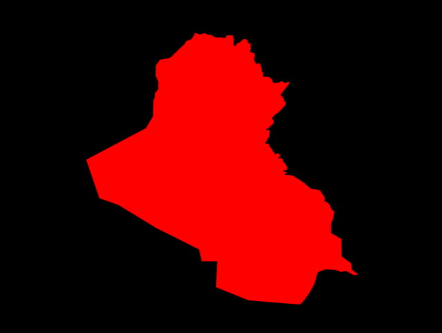 Computer-generated animation of burning flames behind a map of Iraq