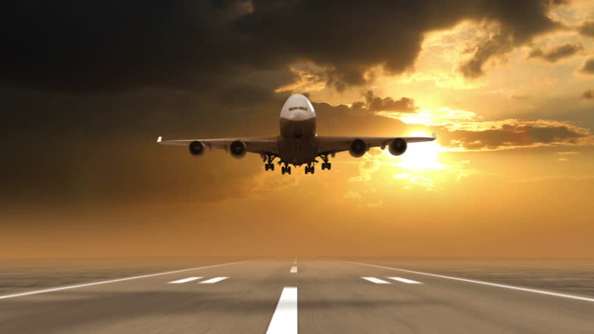 airplane landing against sunset background (time-lapse), 3d animation