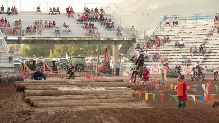 NEPHI, JUAB, UTAH 30 JUN 2012: Economic boost to rural community in annual race.  Motorcycle jump race. Juab County extreme enduro. Difficult obstacle course with jumps, logs and rocks