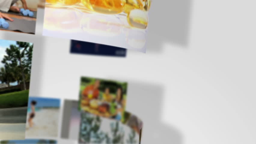 Montage 3D revolving images showing how people enjoy a healthy lifestyle with fresh food and exercise