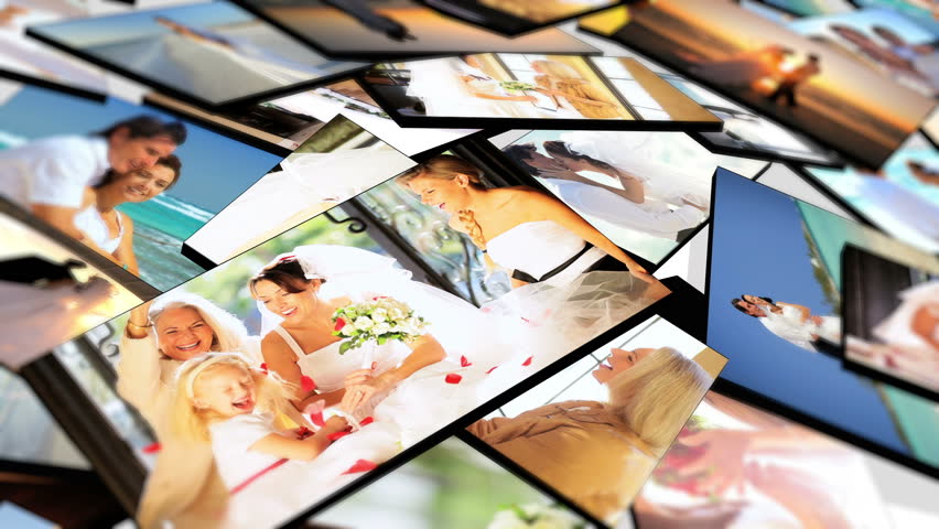 Montage 3D wedding tablet images of Caucasian bride and groom with families relaxing