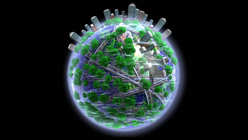 animated planet covered with roads, buildings, isolate with alpha channel