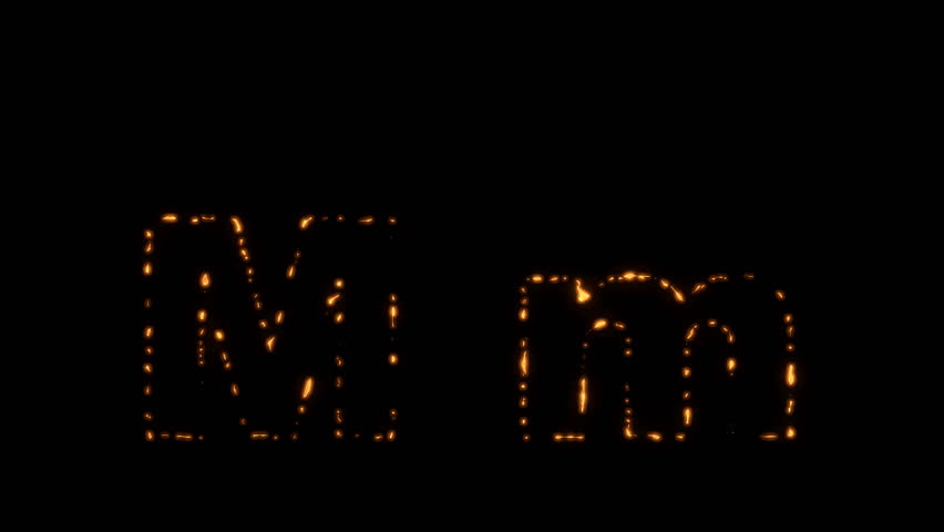 Flaming Alphabet. Upper and lower case M bursting into flames. Part of a series an alphabet, numbers and other characters.