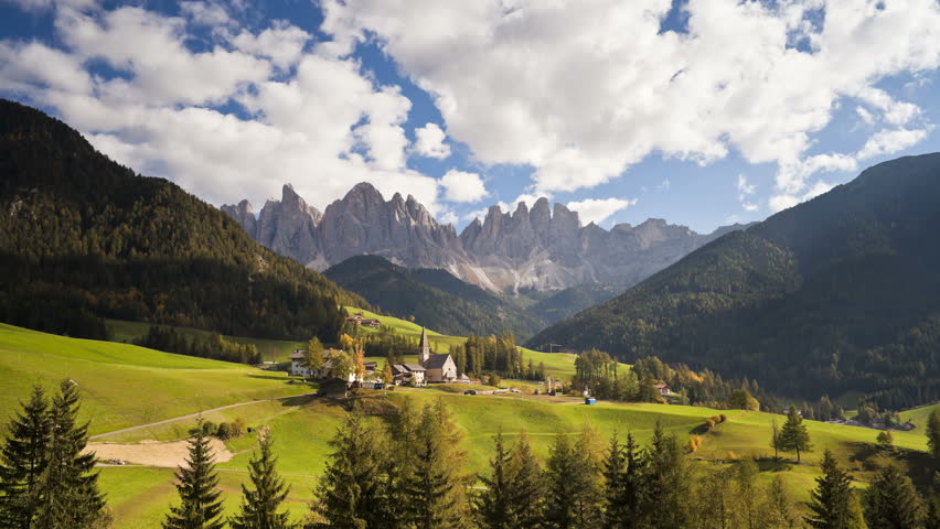 Landscape of St. Magdalena village and church in South Tirol, Italy, Europe