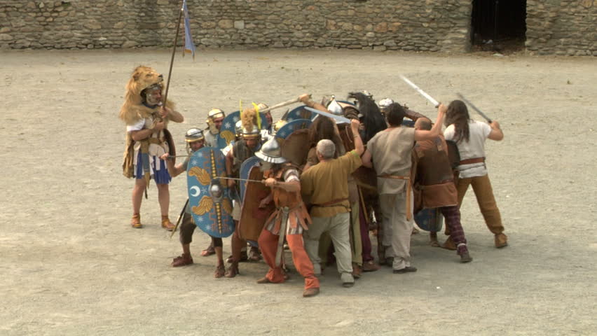 SUSA, ITALY - June 2012: Roman and gallic soldier during a reenactment of war between Romans and Cottians (Gauls) on 10 a.c.