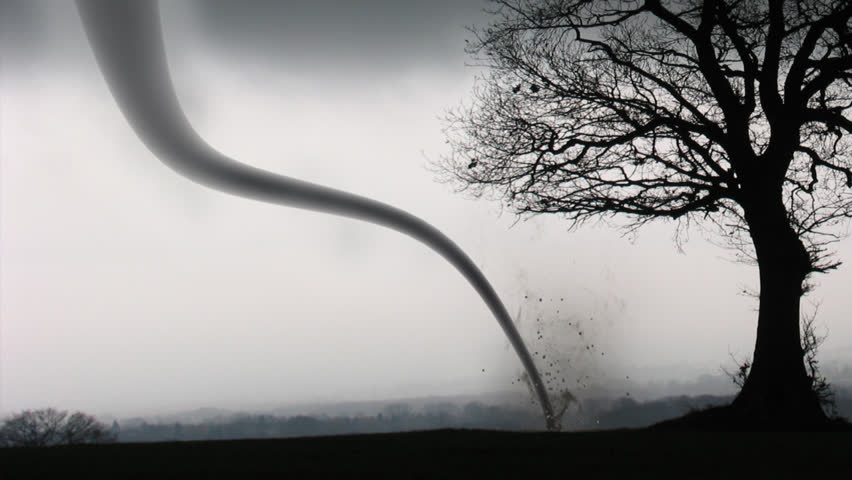 Funnel tornado whips up debris in a trees and fields landscape.