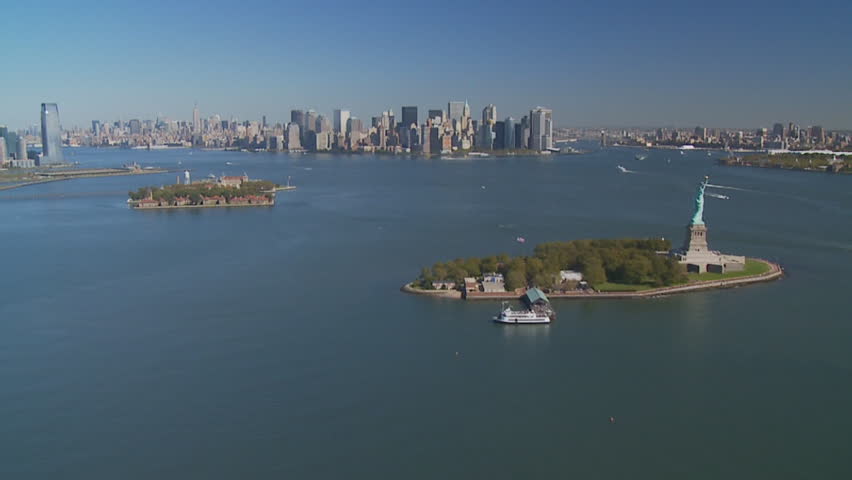 flight over upper bay new york, statue of liberty, manhattan in background part I