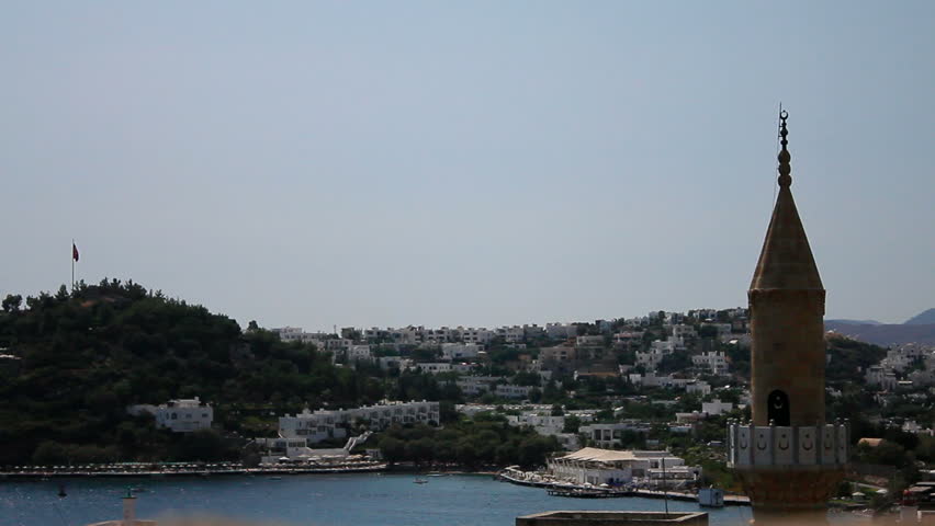 Ottoman Mosque overlooking the Coastal Harbor of Bodrum, Turkey