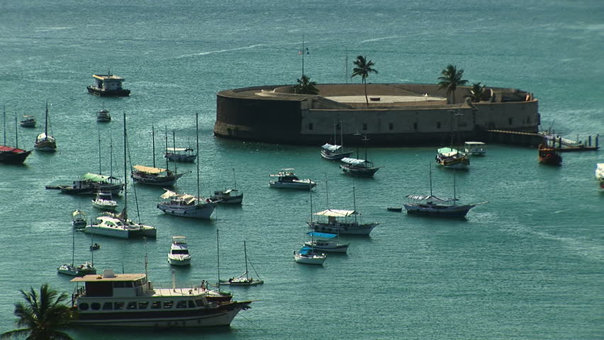 Blue water surrounding Saint Pedro Fortress in Salvador, Bahia, Brazil